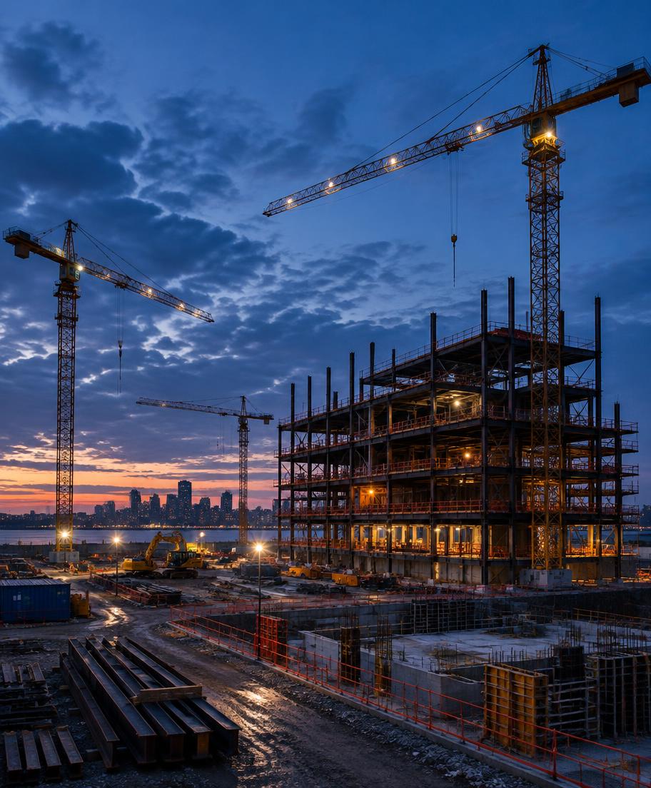 Construction site with cranes at dusk