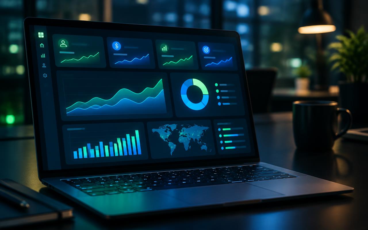 Analytics dashboard with business charts on a laptop
