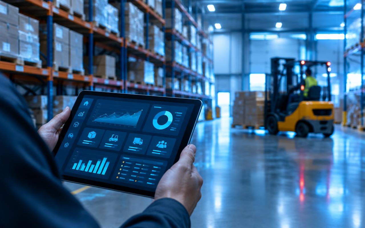 Warehouse operations shown on an ERP tablet