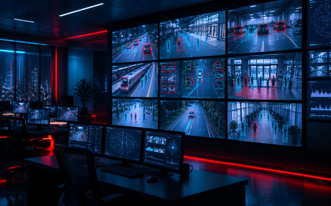 Security operations room with a video analytics wall